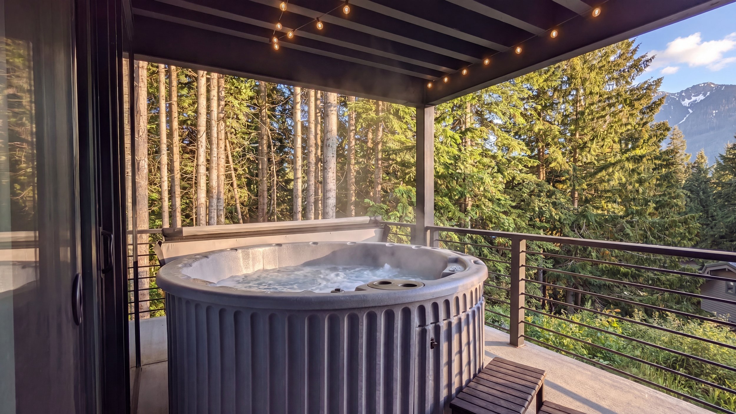 A hot tub on a covered balcony with string lights, overlooking a forested mountain landscape.