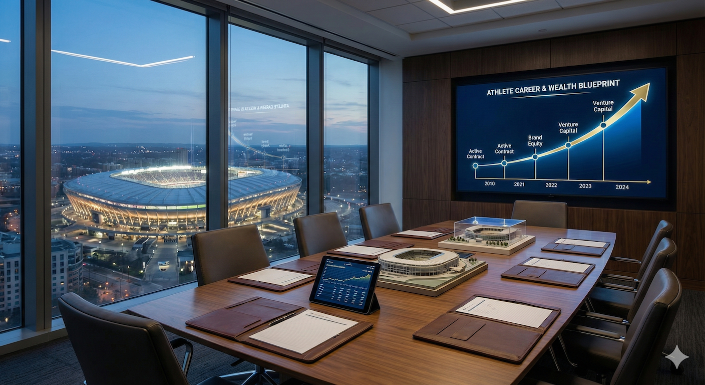 Ein moderner Konferenzraum mit Blick auf eine beleuchtete Sportarena bei Sonnenuntergang. Im Raum ein großer Tisch mit Unterlagen, einem Tablet, einem Modell eines Stadions und einem großen Bildschirm, der einen Entwicklungsplan für die Karriere eines Athleten zeigt.