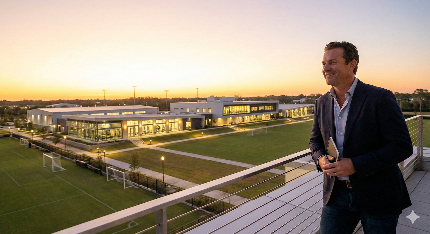 Ein Mann in einem dunklen Anzug steht auf einem Balkon mit Blick auf ein modernes Gebäudekomplex bei Sonnenuntergang, umgeben von einem Sportplatz.