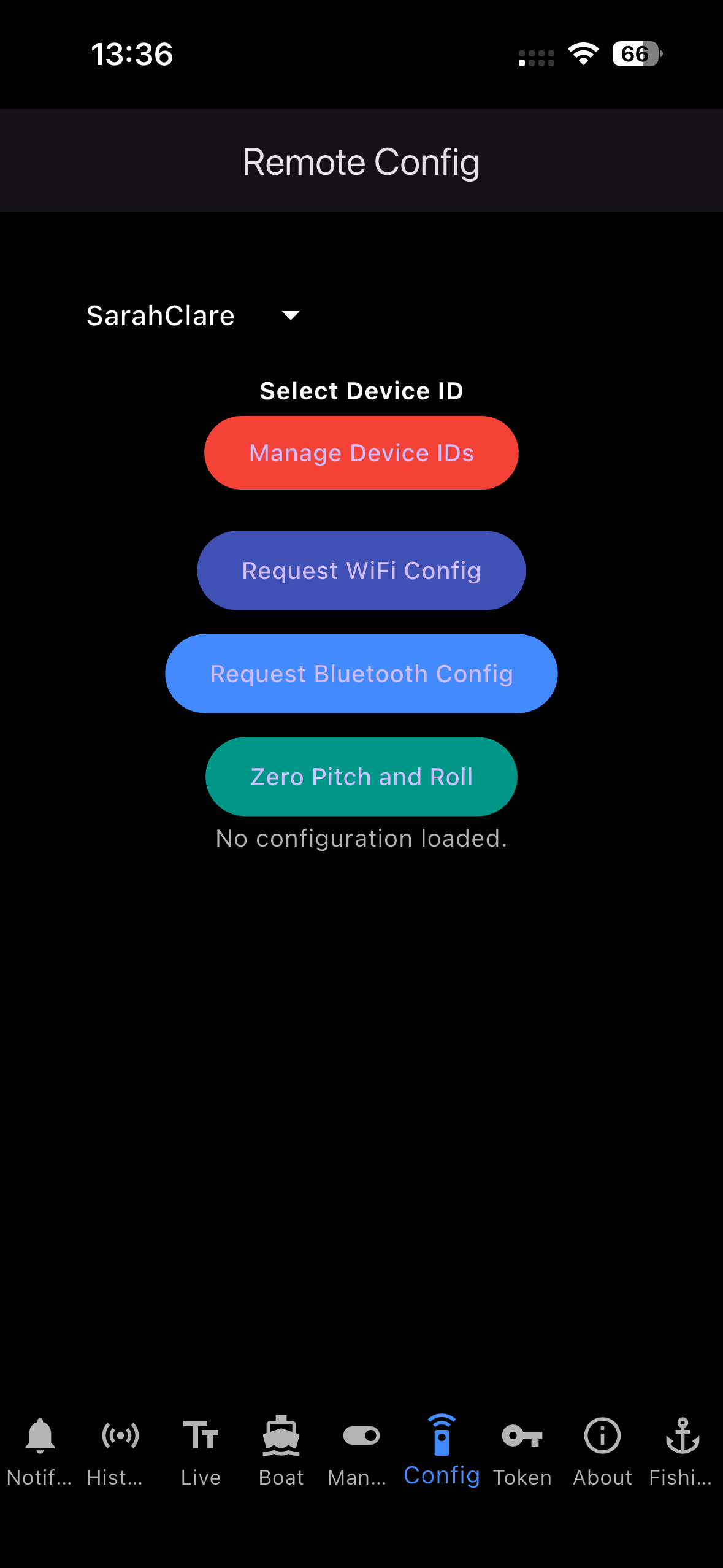 Mobile app screen displaying remote configuration options for a device, including managing device IDs, requesting WiFi and Bluetooth configurations, and zero pitch and roll; interface shows user 'SarahClare' with navigation icons at the bottom.