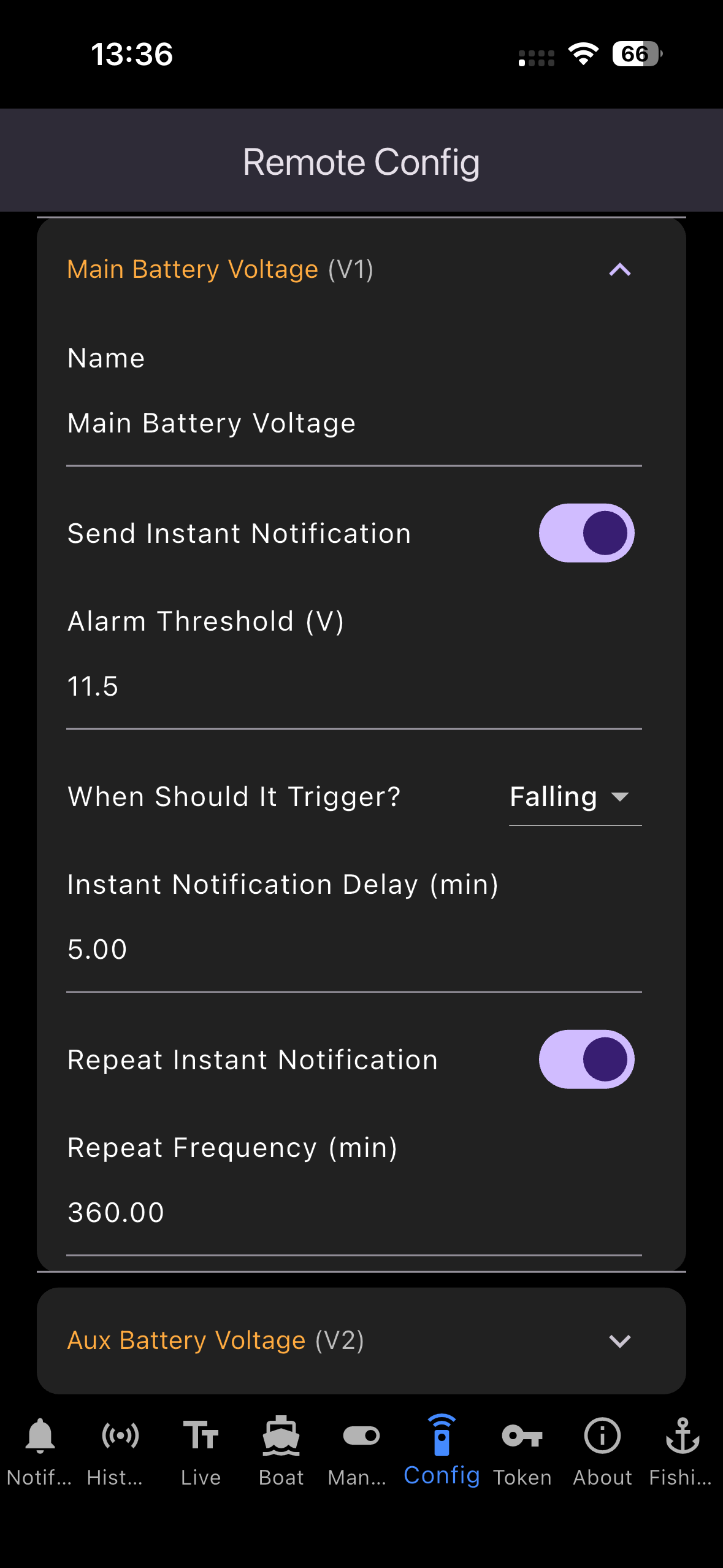 Screen display of a remote configuration app for a battery system, showing settings for main and auxiliary battery voltage, notifications, and trigger options.