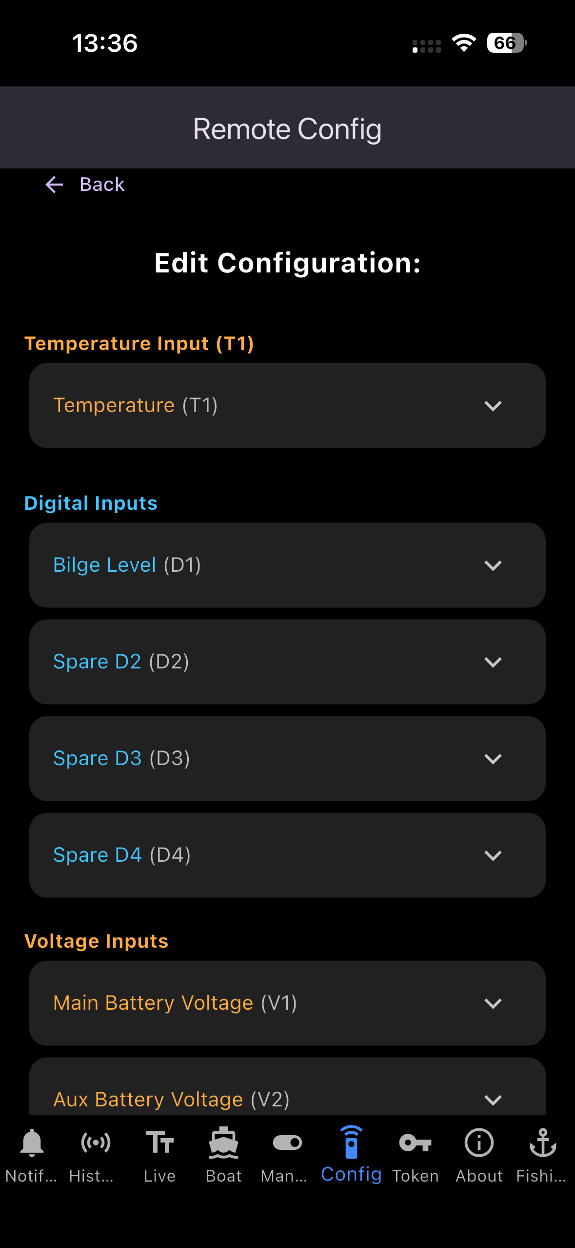 Mobile app screen showing remote configuration settings for a boat, including temperature input, digital inputs for bilge level and spare sensors, and voltage inputs for main and auxiliary batteries.