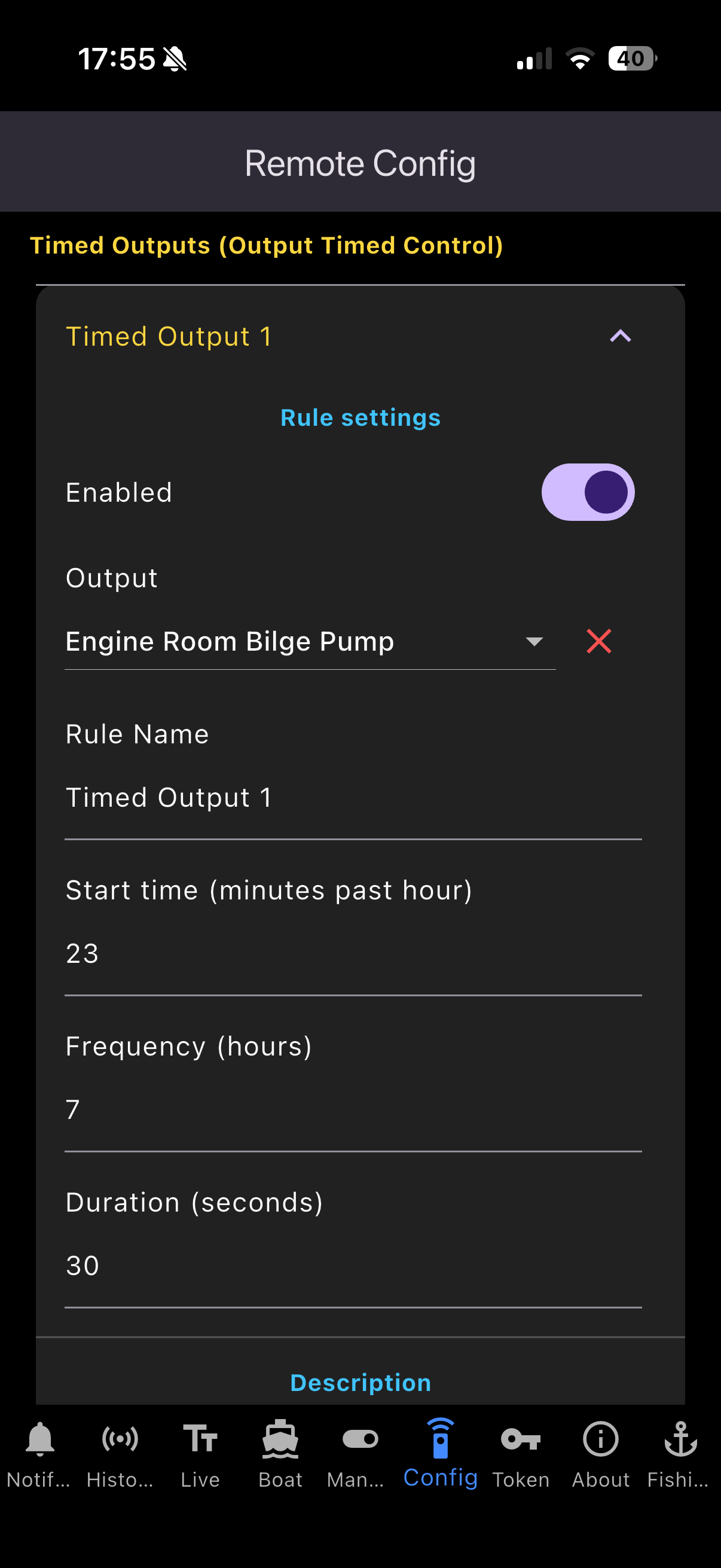 Smartphone screen displaying a remote configuration app for timed outputs, showing settings for an engine room bilge pump with start time, frequency, and duration.