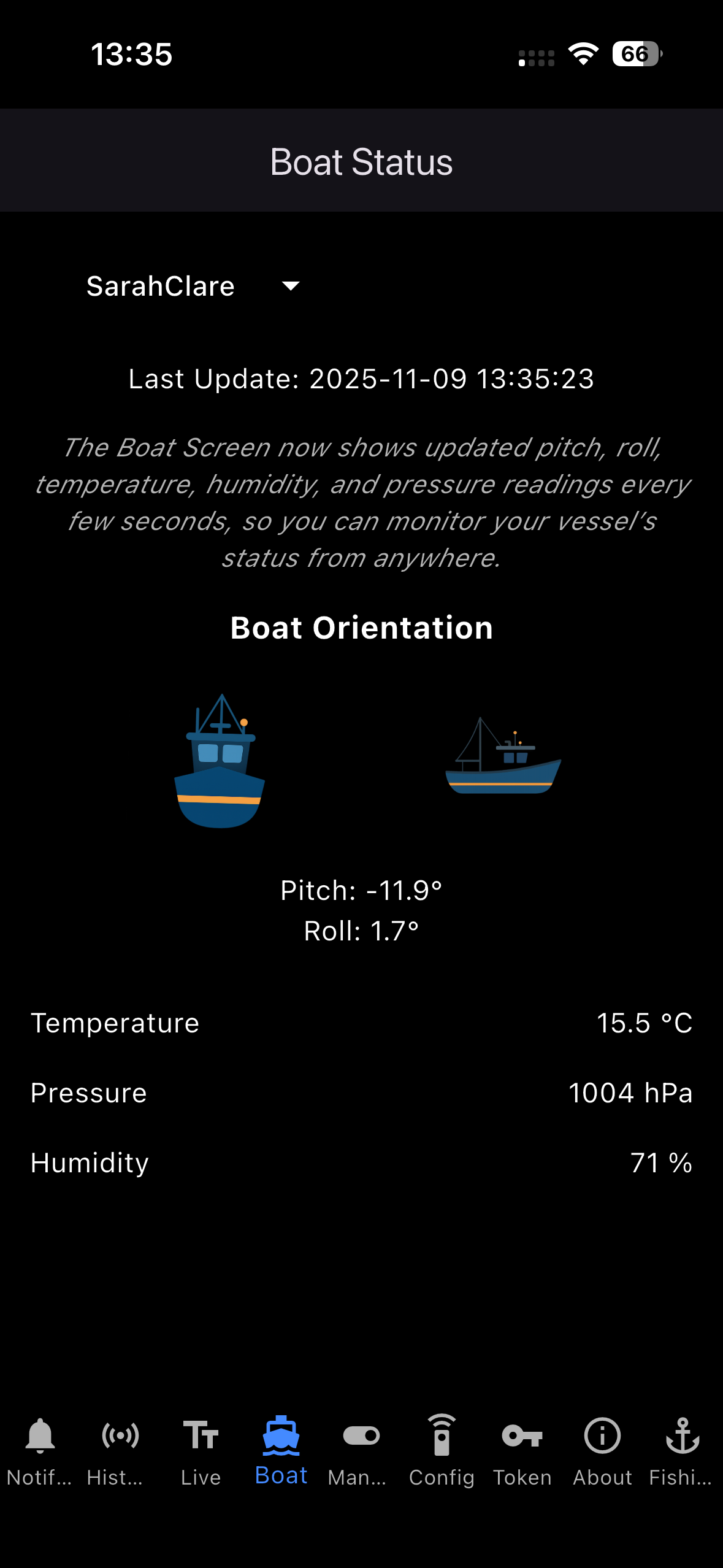 Mobile app screen showing boat status with boat orientation, pitch, roll, temperature, pressure, and humidity readings.