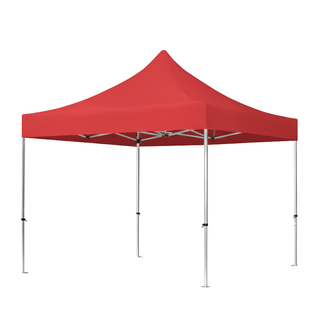 Carpa roja con estructura metálica y toldo en color rojo, utilizada para eventos al aire libre.