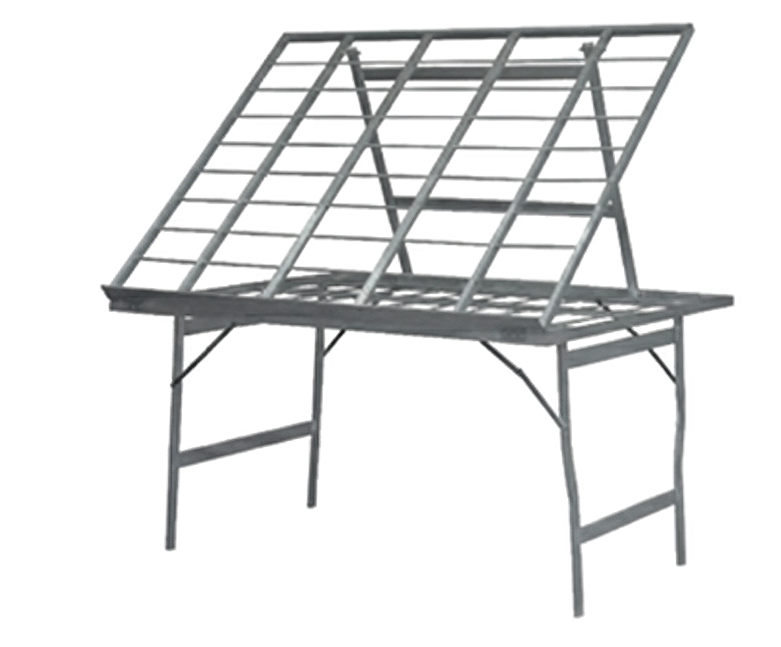 Estructura metálica de Mesa de aluminio reforzado. Resistente y fácil de transportar para mercado o feria con posible inclinación y superficie de vitroresina con perfil de 30x18. Aguanta 90kg. Mesa mercadillo para cajas ropa y fruta