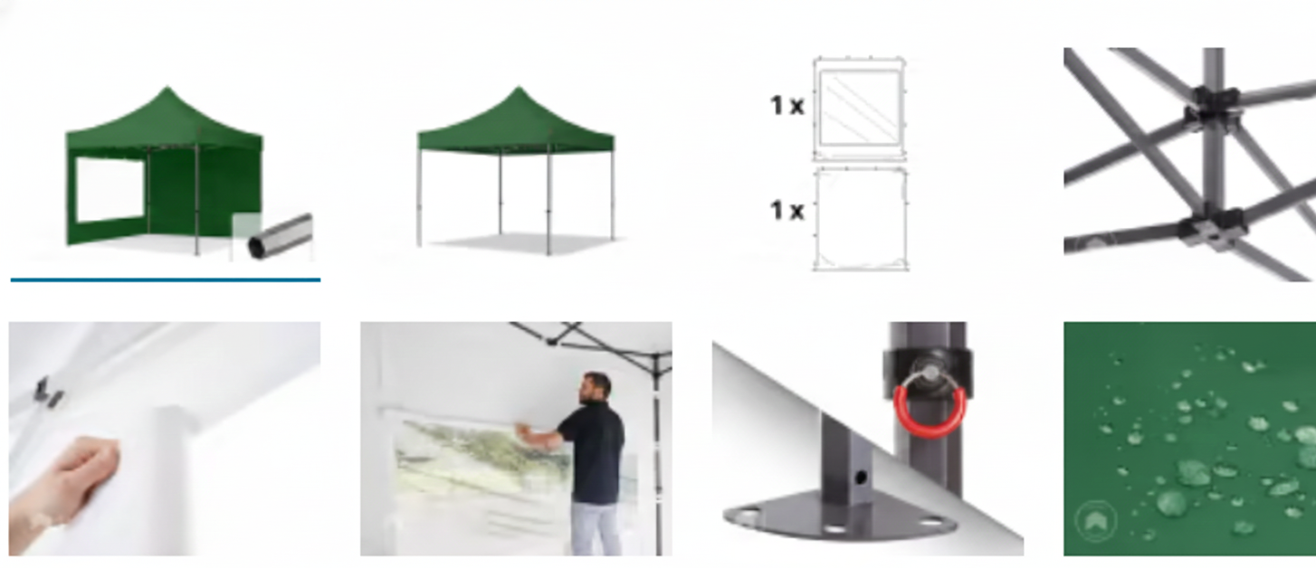 Imagen de componentes y montaje de una carpa modular en proceso, incluyendo estructura, instrucciones, y un hombre instalando la lona.