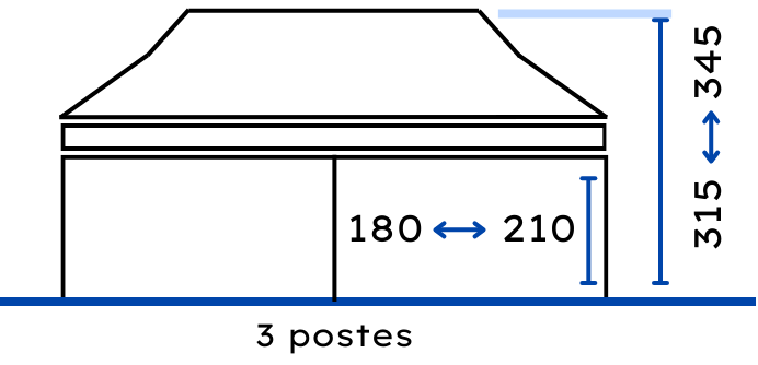 Diagrama técnico con líneas y flechas que indican dimensiones y medidas específicas de una carpa
