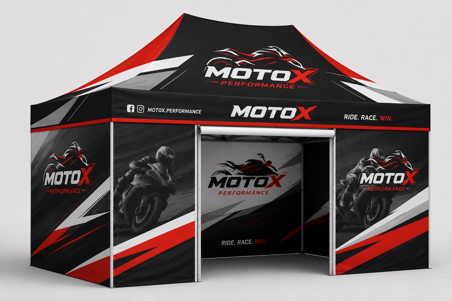 Tienda de campaña con logotipo MotoX Performance, imagen de motociclista en una motocicleta deportiva, en colores negro, rojo, blanco y gris, con mensajes 'Ride. Race. Win.'.