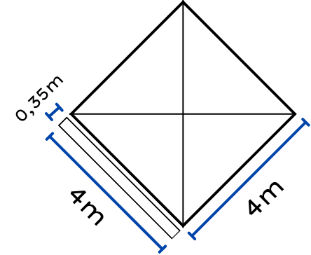 Diagrama técnico con líneas y flechas que indican dimensiones y medidas específicas de una carpa