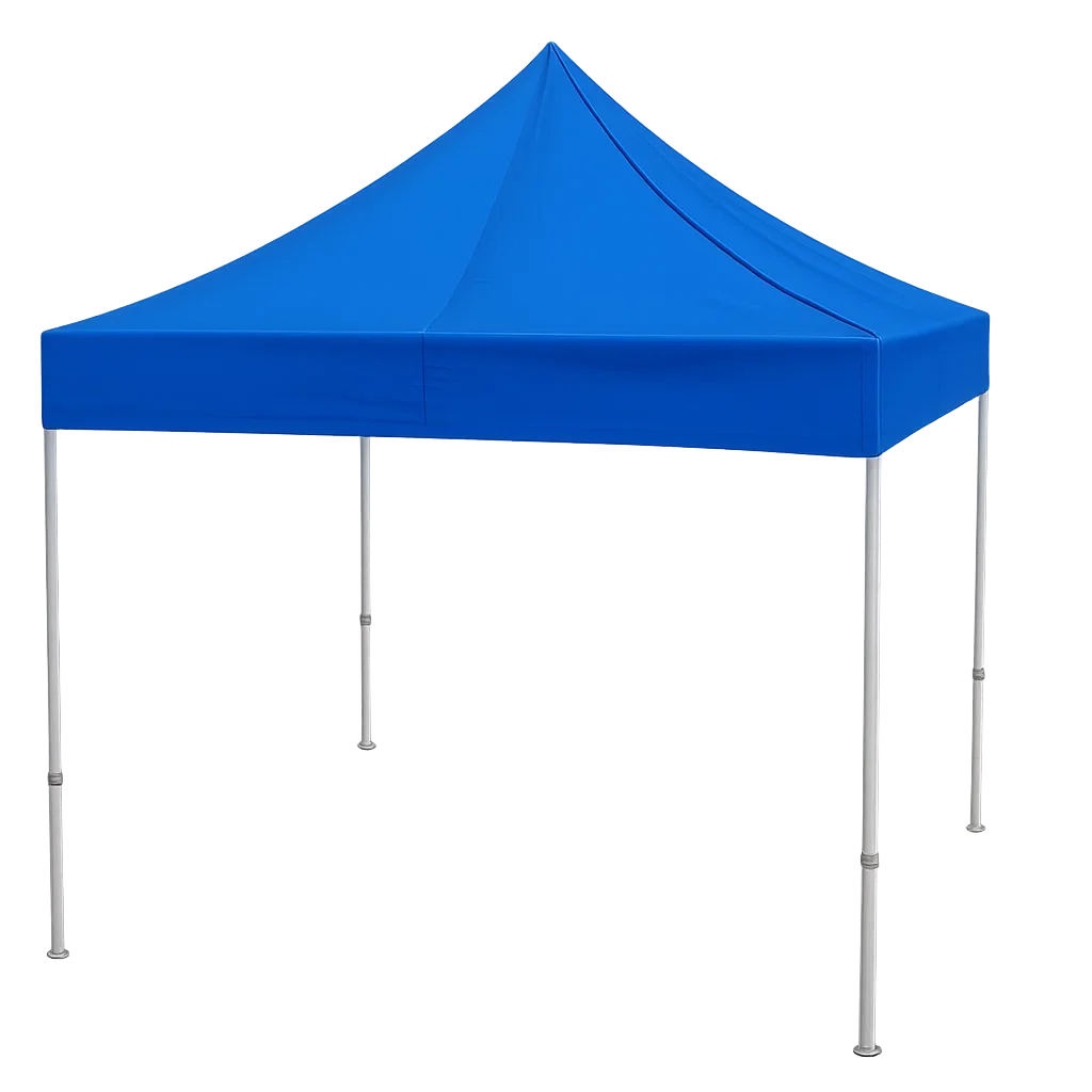 Carpa azul con estructura metálica y techo puntiagudo