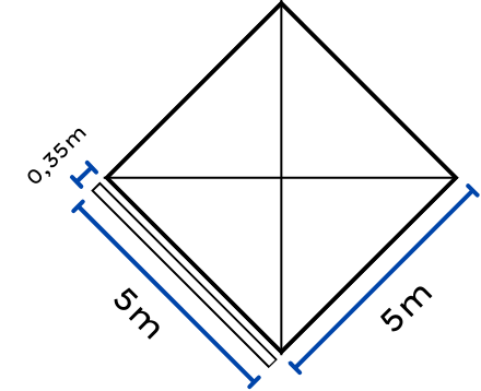 Diagrama técnico con líneas y flechas que indican dimensiones y medidas específicas de una carpa