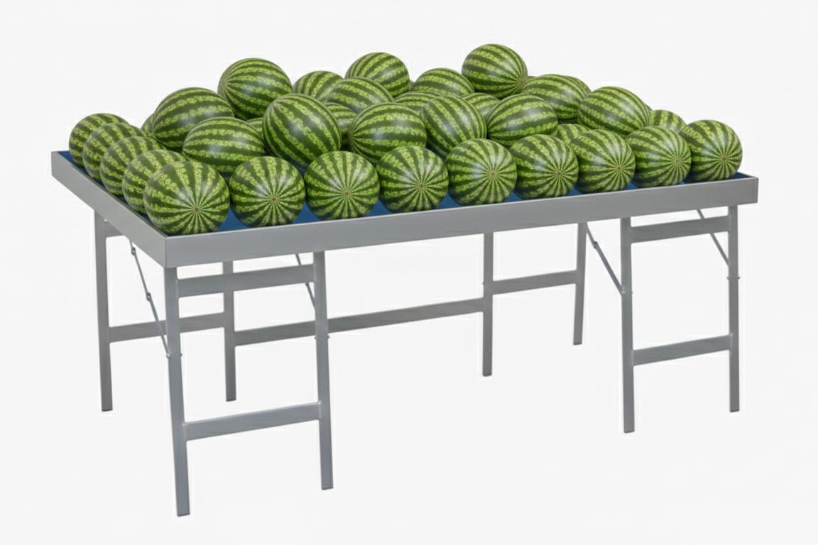 Variedad de frutas en una mesa metálica resistente.