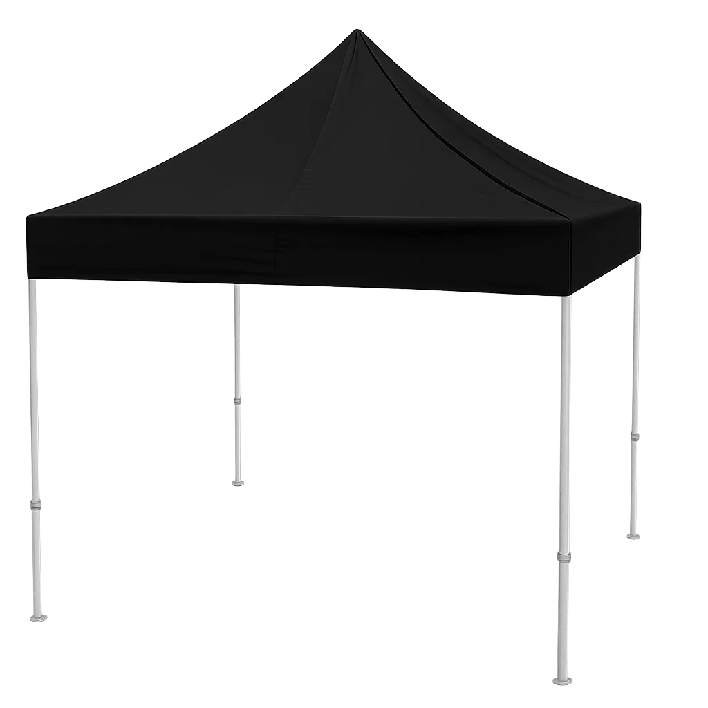 Carpa de color negro con estructura de patas plateadas