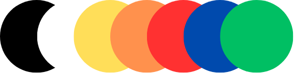 Círculos de colores amarillo, anaranjado, rojo, azul y verde en un fondo blanco.