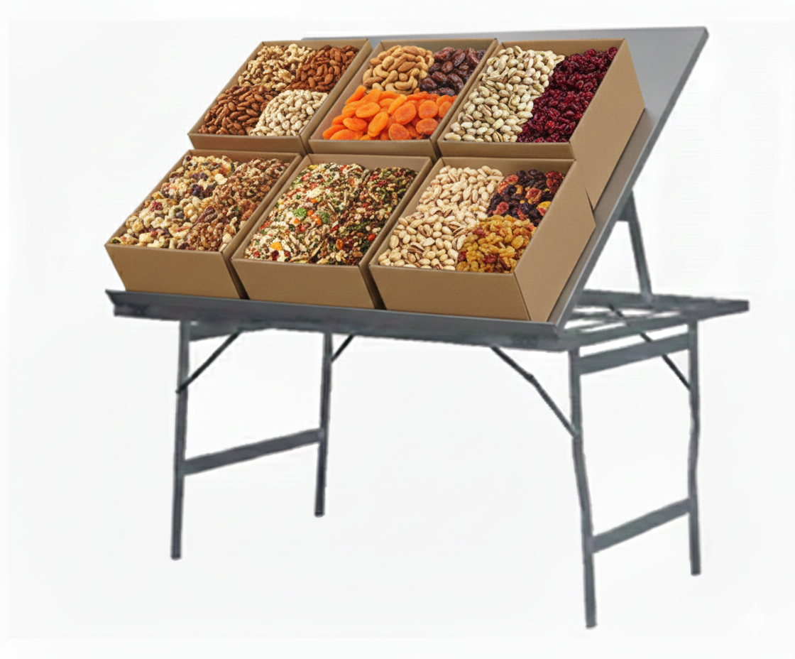 Diferentes tipos de frutos secos y semillas en cajas en un puesto ambulante.