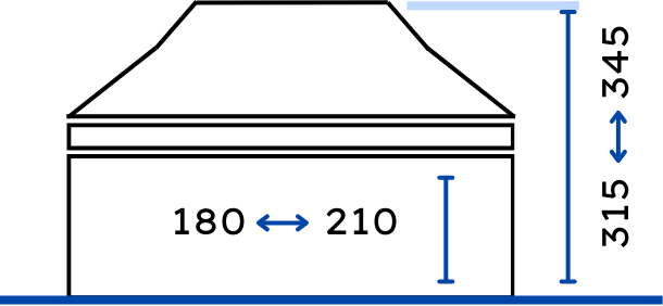Diagrama técnico con líneas y flechas que indican dimensiones y medidas específicas de una carpa
