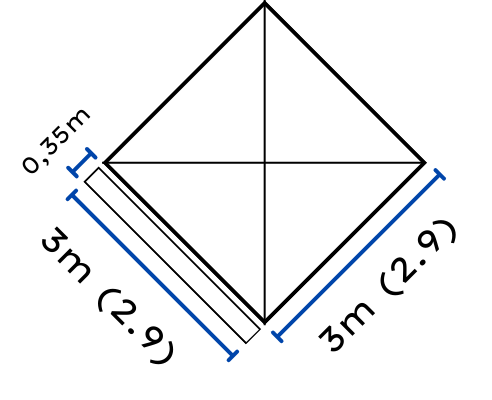 Diagrama técnico con líneas y flechas que indican dimensiones y medidas específicas de una carpa