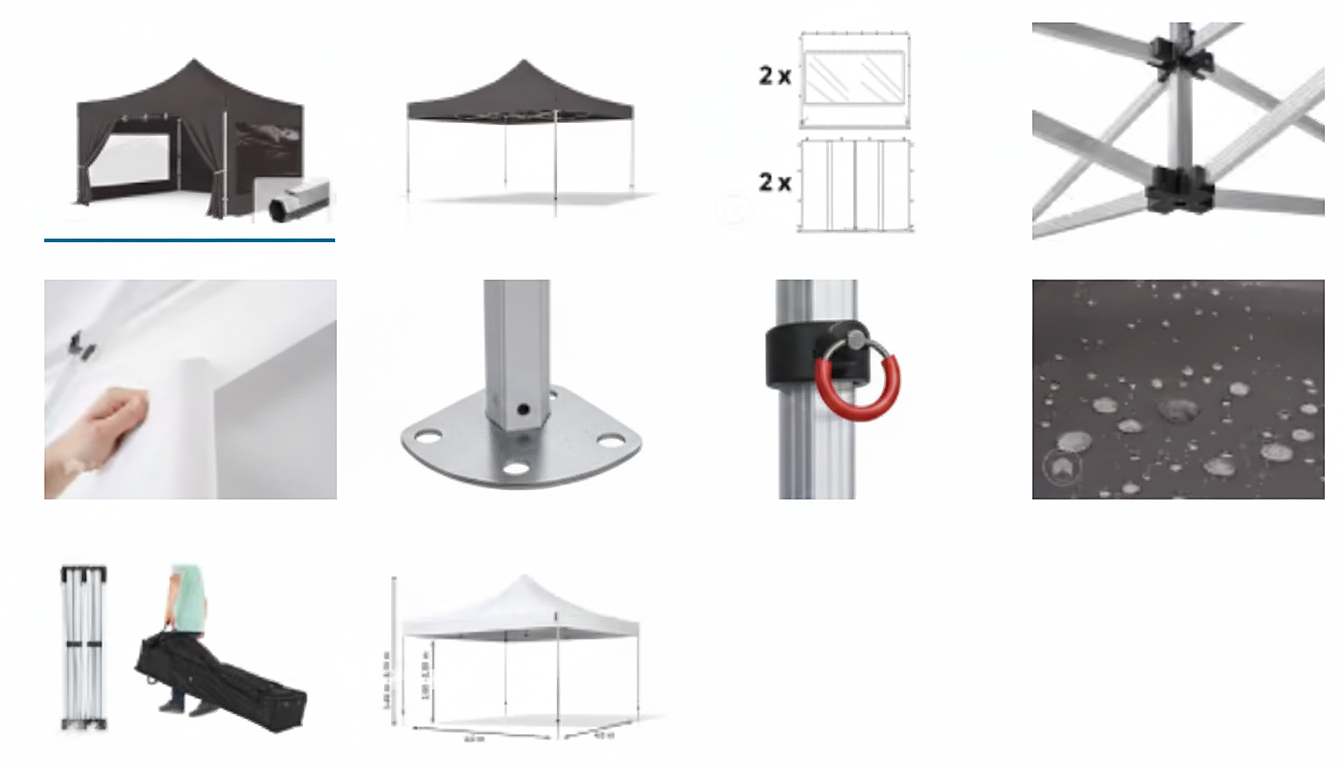 Aparatos y estructura para armar una carpa tipo gazebo, incluyendo la estructura metálica, tela para cubrir, estacas, y accesorios de ensamblaje como tornillos, soporte, anillos, y una base para la estructura de la carpa.