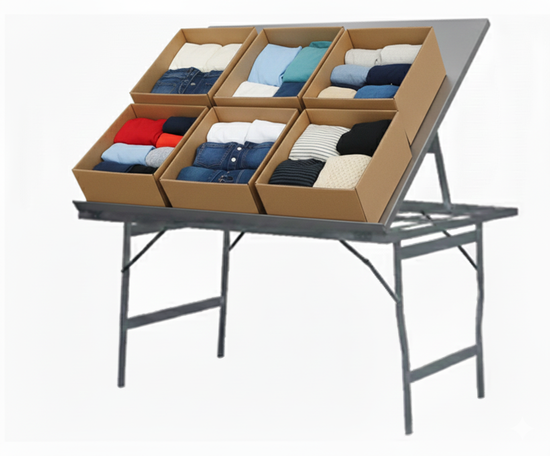 Mesas con seis cajas de cartón que contienen ropa doblada en diferentes colores y estilos.