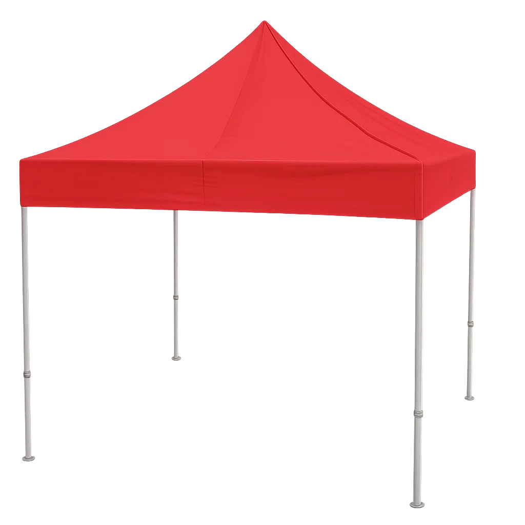 Carpa roja con estructura metálica, sin objetos o personas debajo.