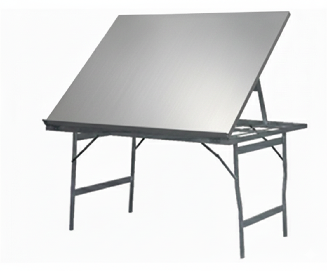Mesa de dibujo con superficie metálica inclinada y estructura de apoyo plegable.