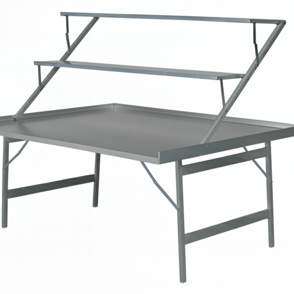 Mesa de acero inoxidable con estantes para exposición en mercado o feria