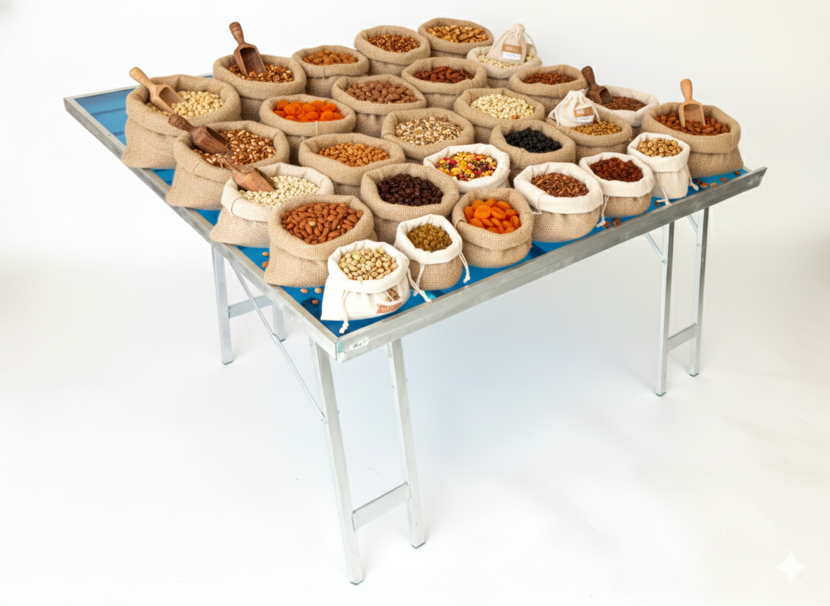 Variedad de especias y condimentos sobre Mesa de aluminio reforzado resistente y fácil de transportar para mercado o feria con posible inclinación y superficie de vitroresina con perfil de 30x18. Aguanta 120kg. Sirve para fruta y ropa