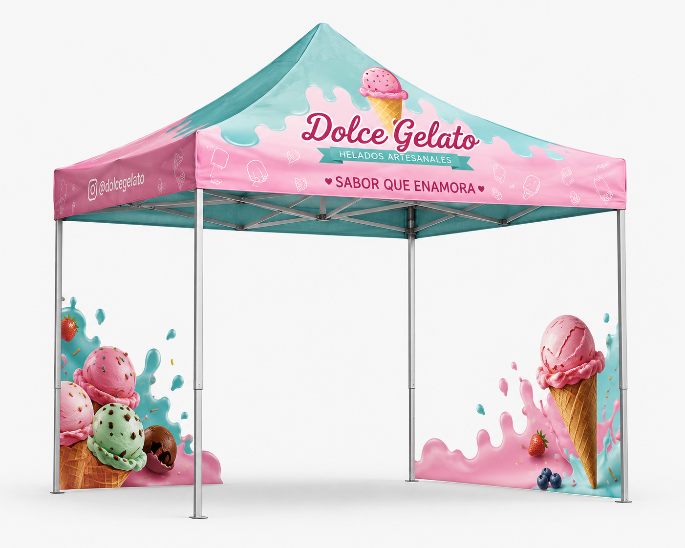 Carpa decorada para vender helados artesanales con colores pastel, imágenes de conos de helado y frutas, y el texto "Dolce Gelato, helados artesanales, sabor que enamora".
