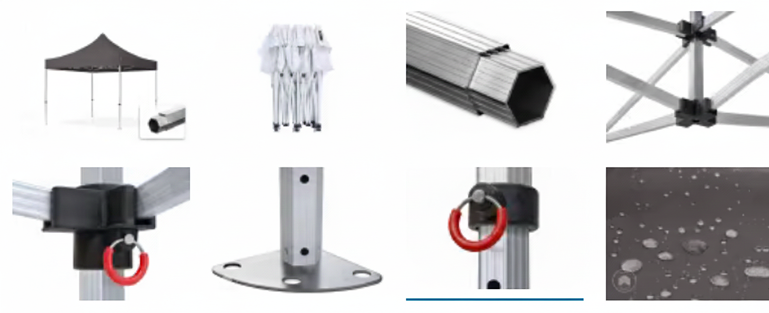 Partes y componentes para montar una carpa o toldo, incluyendo estructura de aluminio, base, peso en forma de anillo, y toldo plegable.