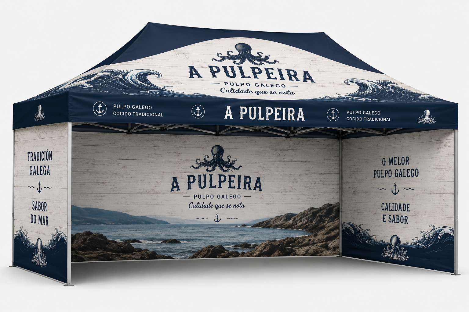Domo de exhibición con temática marina que promociona pulpo gallego, con ilustraciones de olas y calamares, y fotografías de la costa en el fondo.