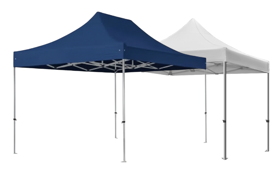 Dos carpas plegables, una azul y una blanca, en un espacio abierto. Resistentes y fáciles de montar