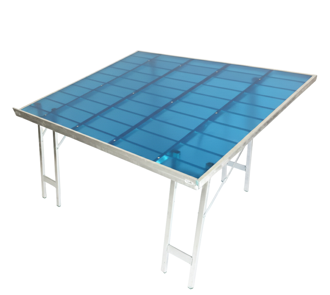 Mesa con estructura de metal y parte superior de vitroresina azul