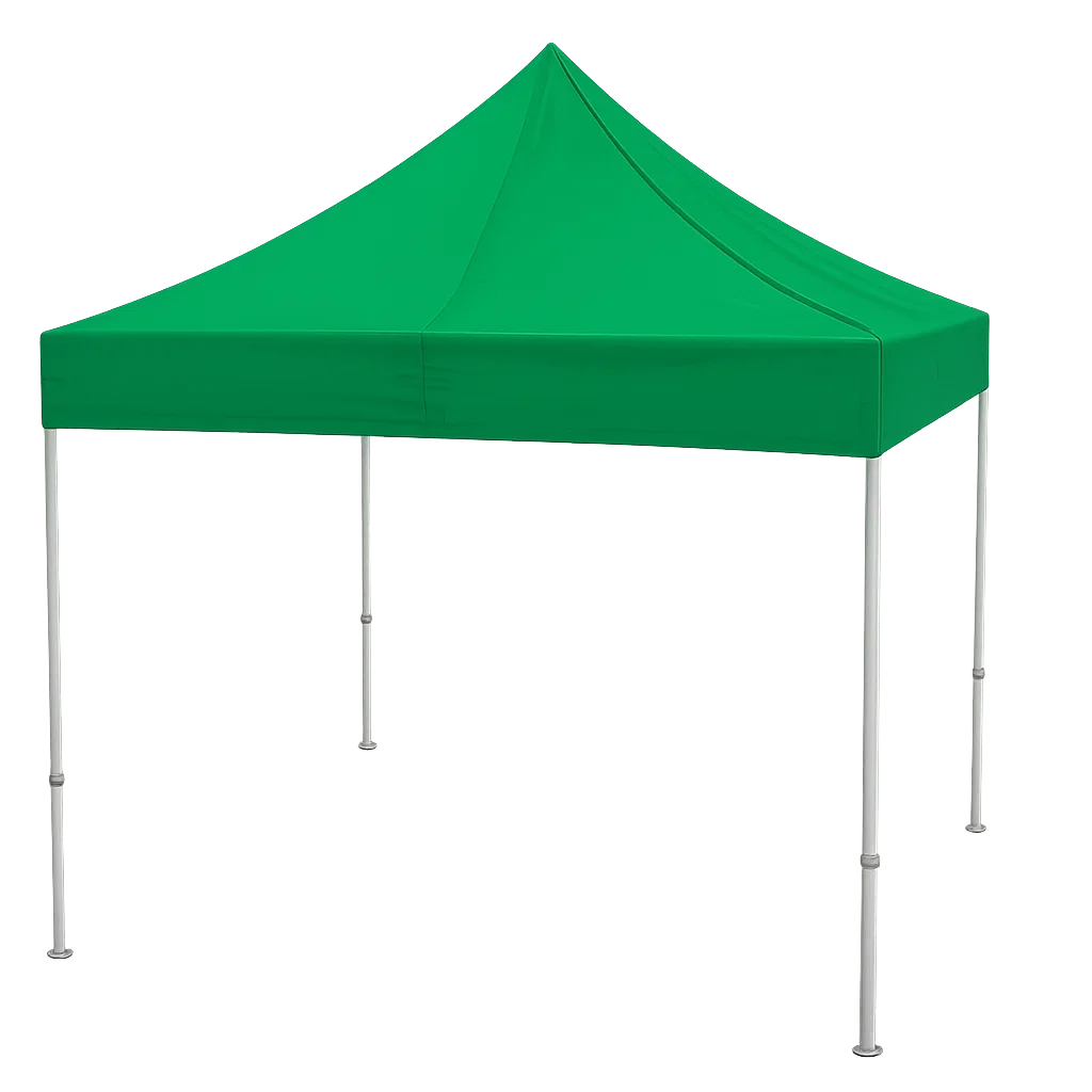 Sombrilla de jardín de color verde con estructura de patas metálicas plateadas