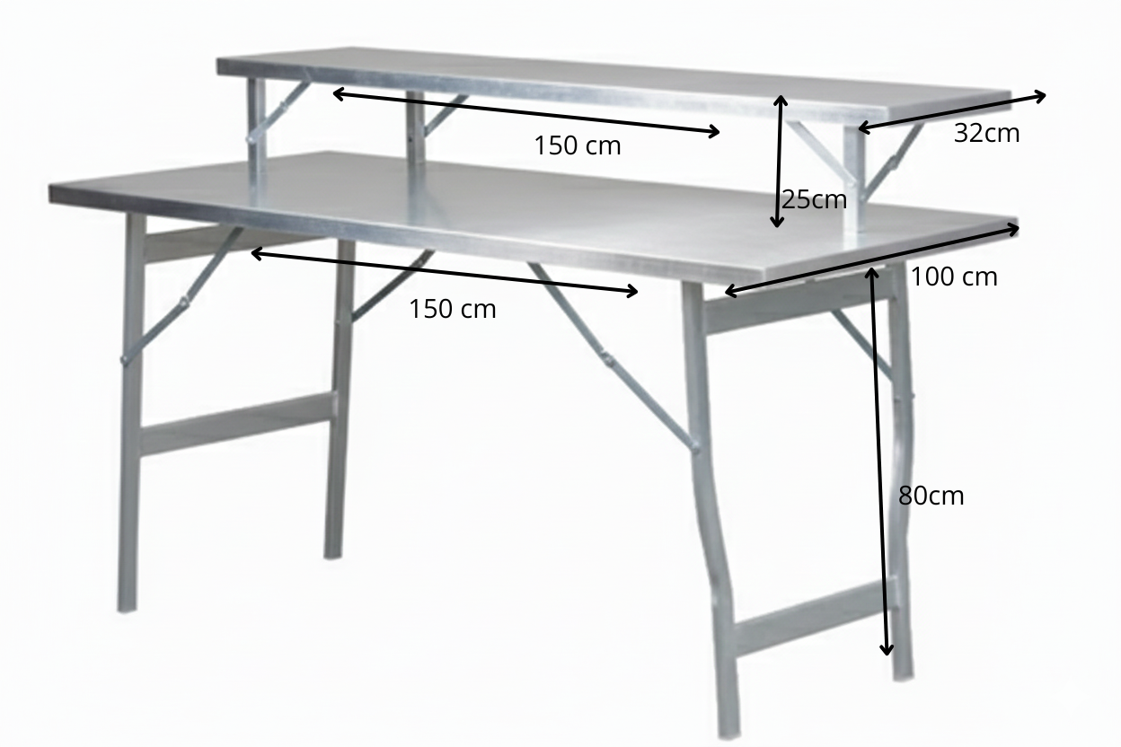 Medidas de Mesa de aluminio reforzado resistente y fácil de transportar para mercado o feria con posible inclinación y superficie de vitroresina con perfil de 30x18. Aguanta 90kg. Mesa con estanteria para fruta y ropa