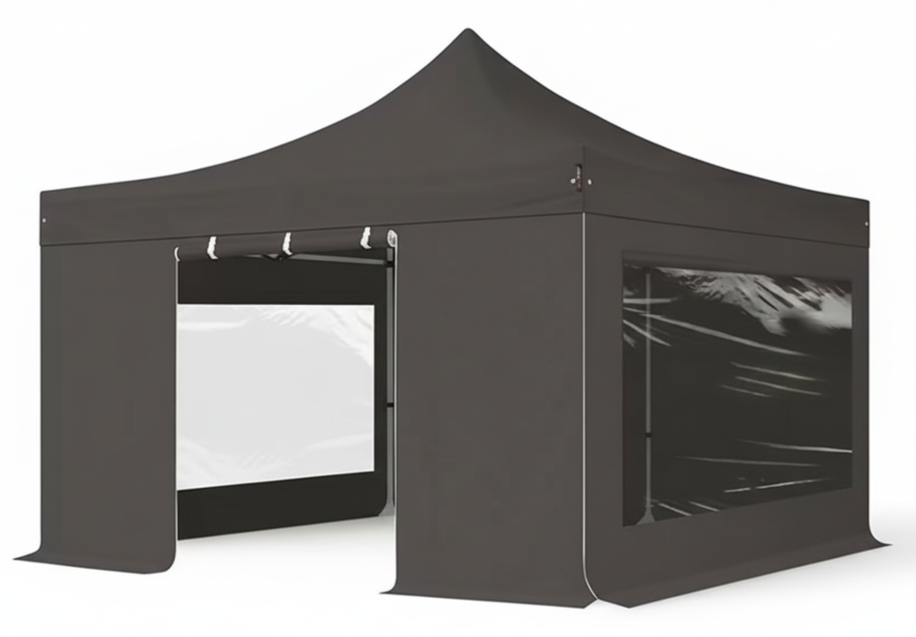 Carpa negra con ventanas y una entrada enrollable
