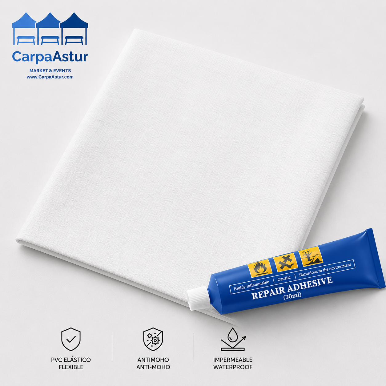 Publicidad de Adhesivo de Reparación de 30 ml, con pincel y una superficie blanca, en un fondo blanco con logotipo y texto en la esquina superior izquierda, indicando propiedades como flexible, anti-mohos e impermeable.