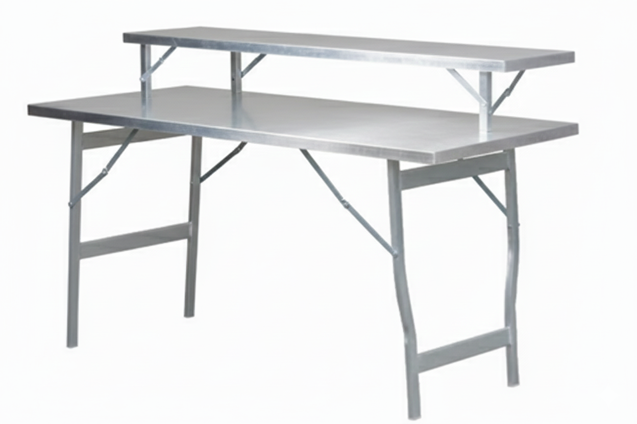Mesa de aluminio con superficie doble nivelada y estructura plegable. Resistente
