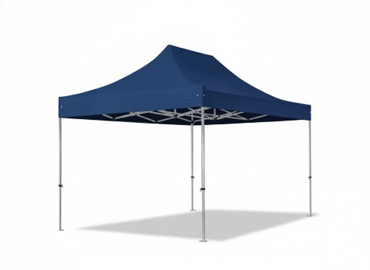 Sombrilla o carpa portátil de color azul con estructura metálica.