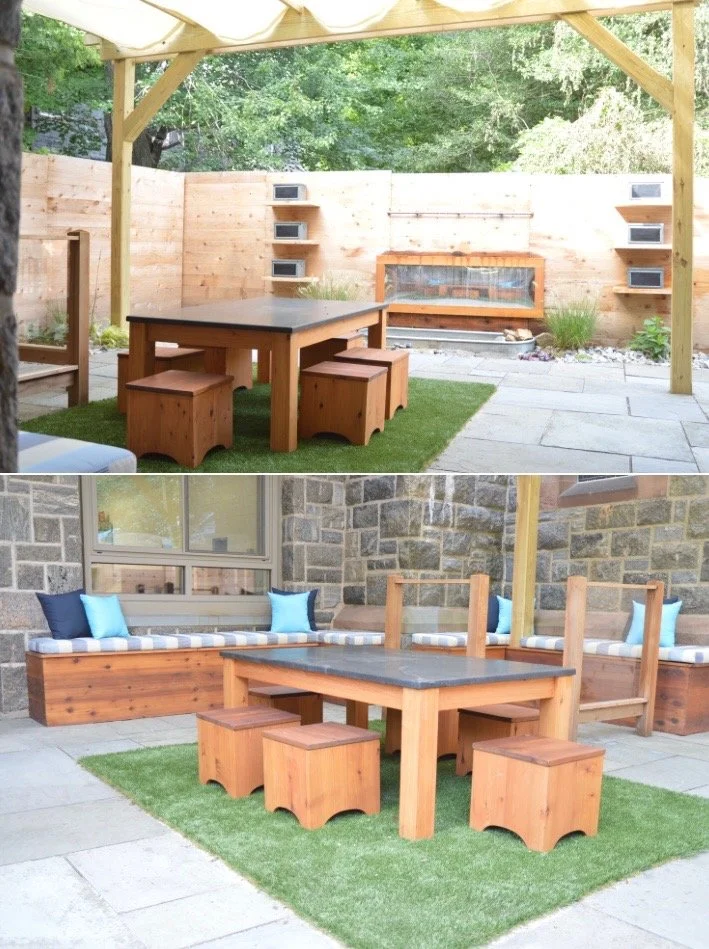Two outdoor seating areas with wooden furniture on a patio. The top image shows a round table with benches under a pergola, and the bottom image shows a rectangular table with stools and a built-in bench with blue cushions against a stone wall.