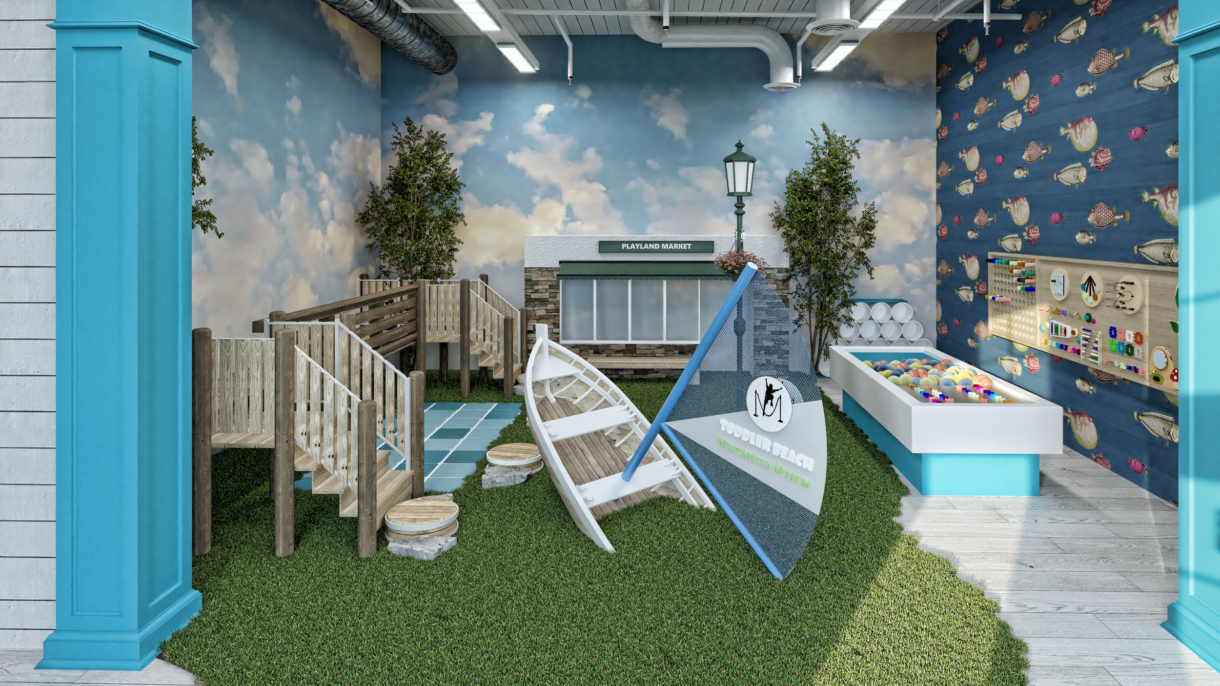 Indoor play area with wooden stairs, green grass, and a boat angled against a barrier, with a sign reading "Toddler Beach" and a net. There are trees, a blue sky mural on the wall, and a fish-themed wallpaper, along with a sandbox filled with colorful balls and a wall-mounted learning panel.