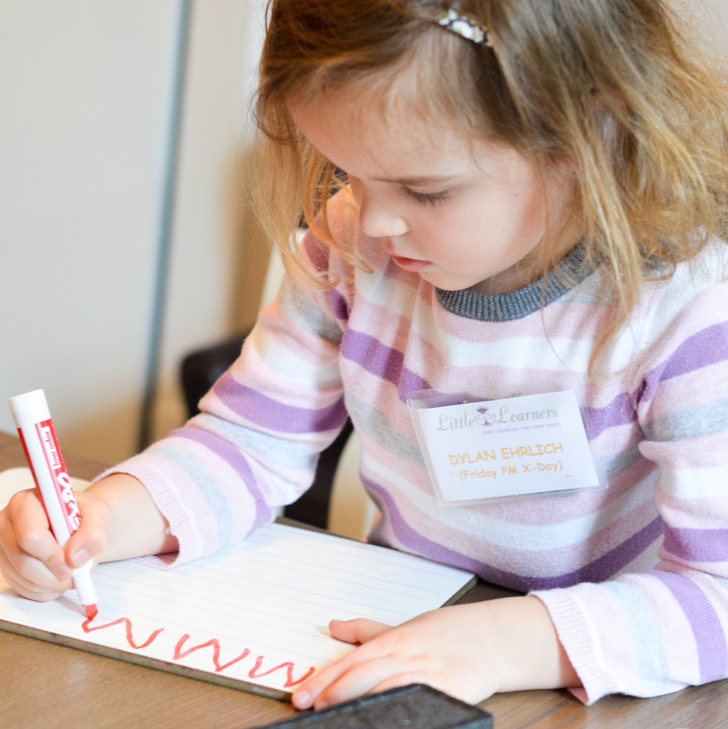 Young girl with a name tag reading Dylan Ehrlich writes with red marker on a notebook at a classroom activity.