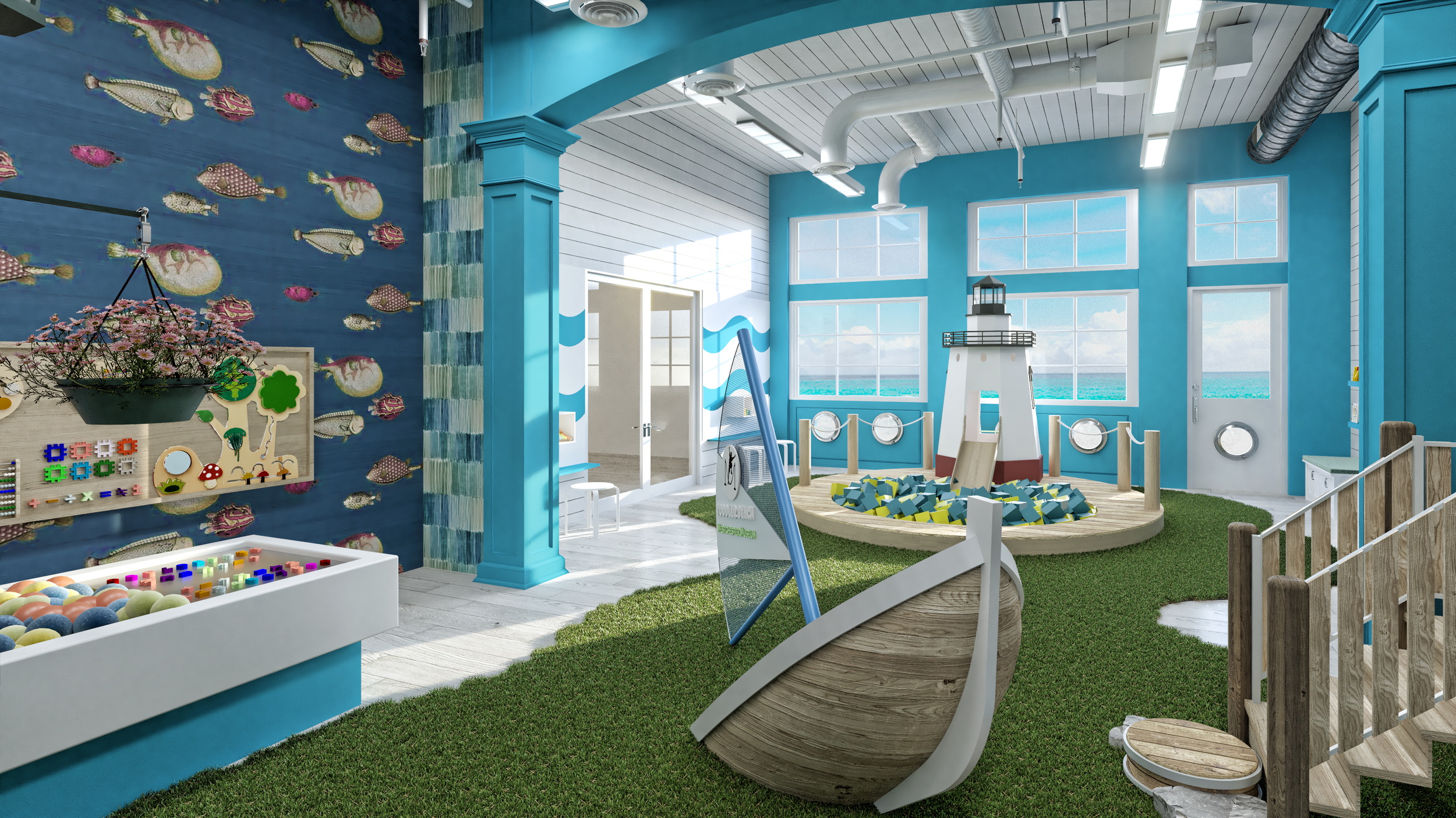 Indoor children's play area with nautical theme, including a lighthouse structure, ocean-themed wall mural, artificial grass, and various play equipment.