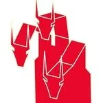 Red abstract graphic of three hands raised in a fist pump.