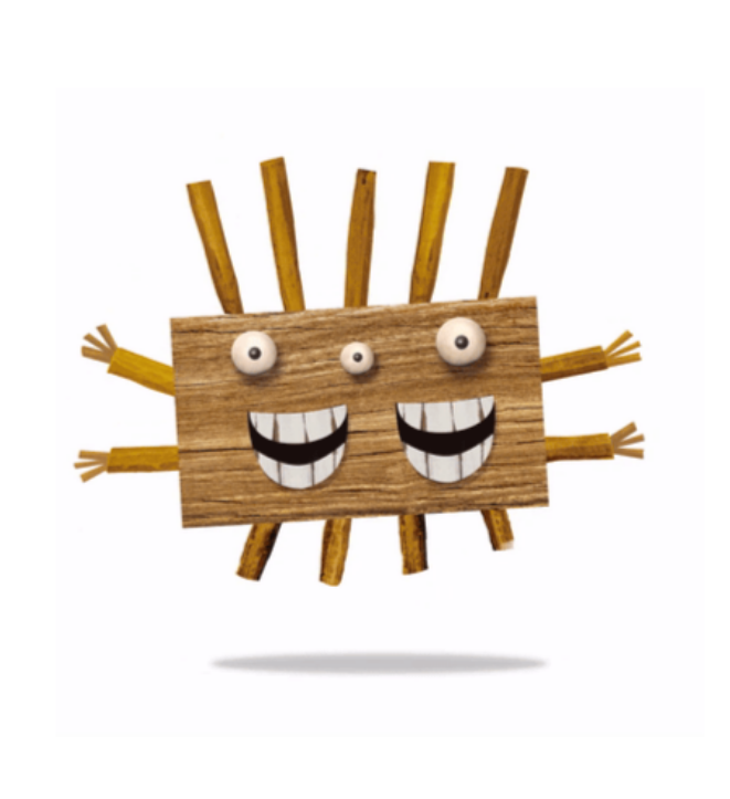 A cartoon-like wooden block character with a large, toothy smile, googly eyes, and stick arms and legs, floating above a shadow.