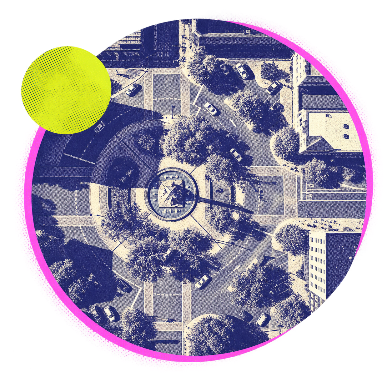 A digitally manipulated aerial view of a city square with trees, cars, and buildings, overlaid with abstract pink and yellow graphic elements.