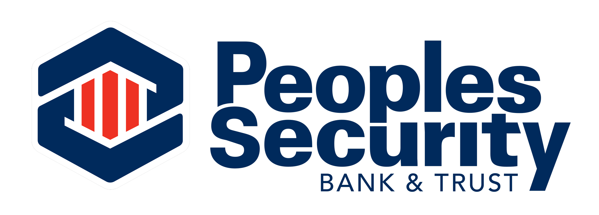 People's Security Bank & Trust logo with a hexagonal icon containing a white outline of three red upward arrows, and blue text next to it.