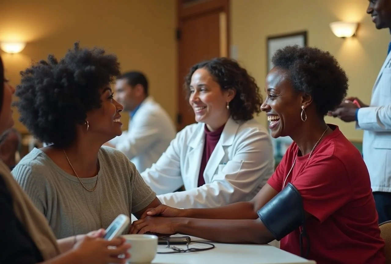 Two women talking and smiling, one being examined by a healthcare provider with a blood pressure cuff, in a healthcare setting.