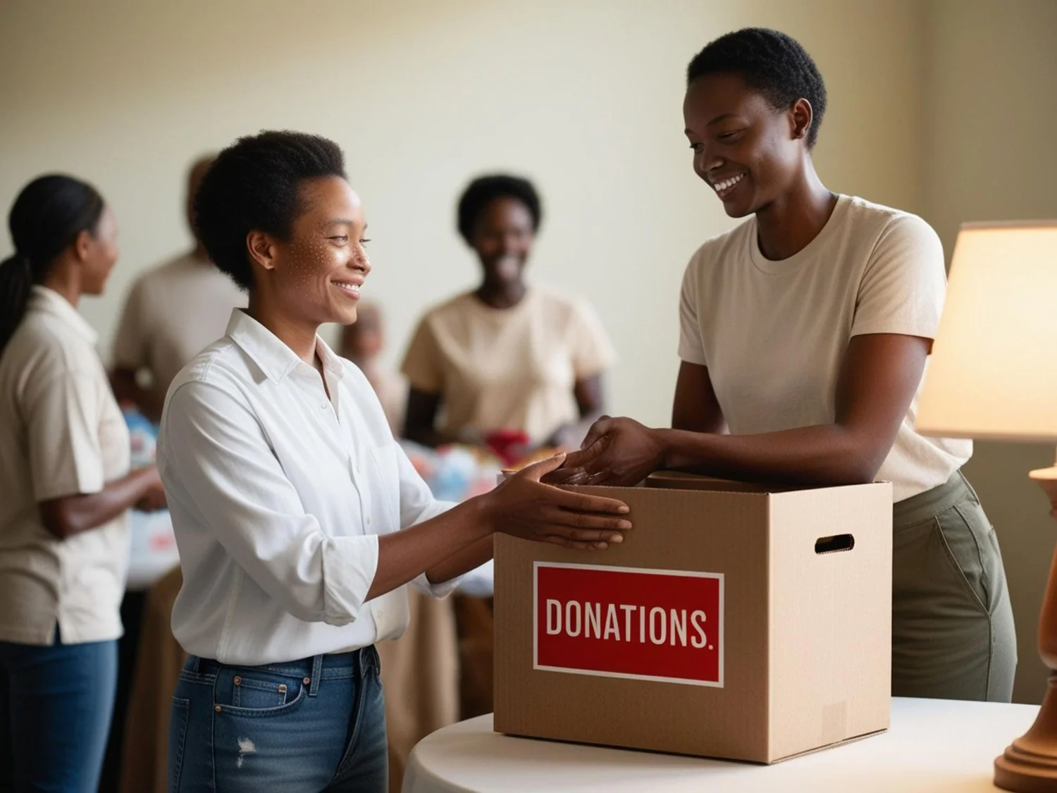 A woman dropping off a donation in a box labeled 'Donations' at a charity event with several people in the background.