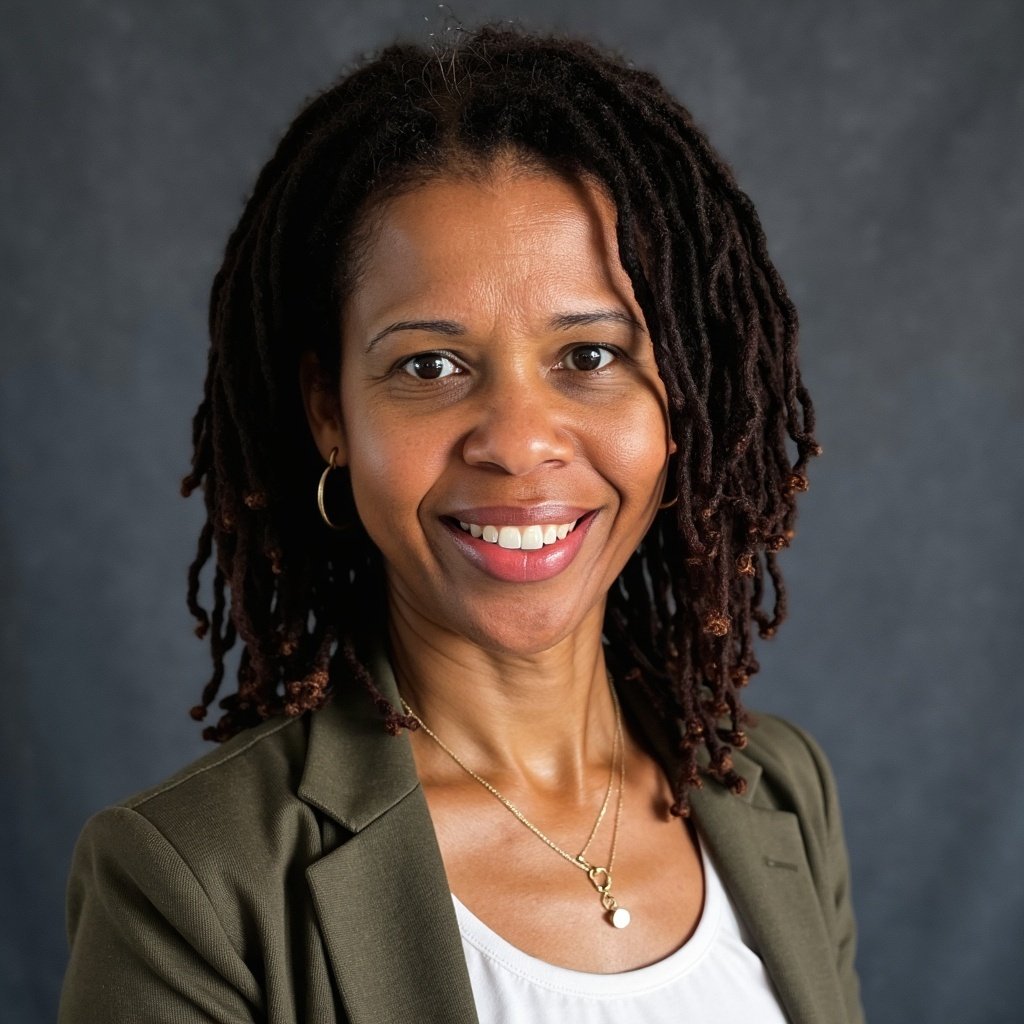 A smiling woman with shoulder-length dreadlocks, wearing a green blazer, white top, gold necklace, and hoop earrings against a gray background.